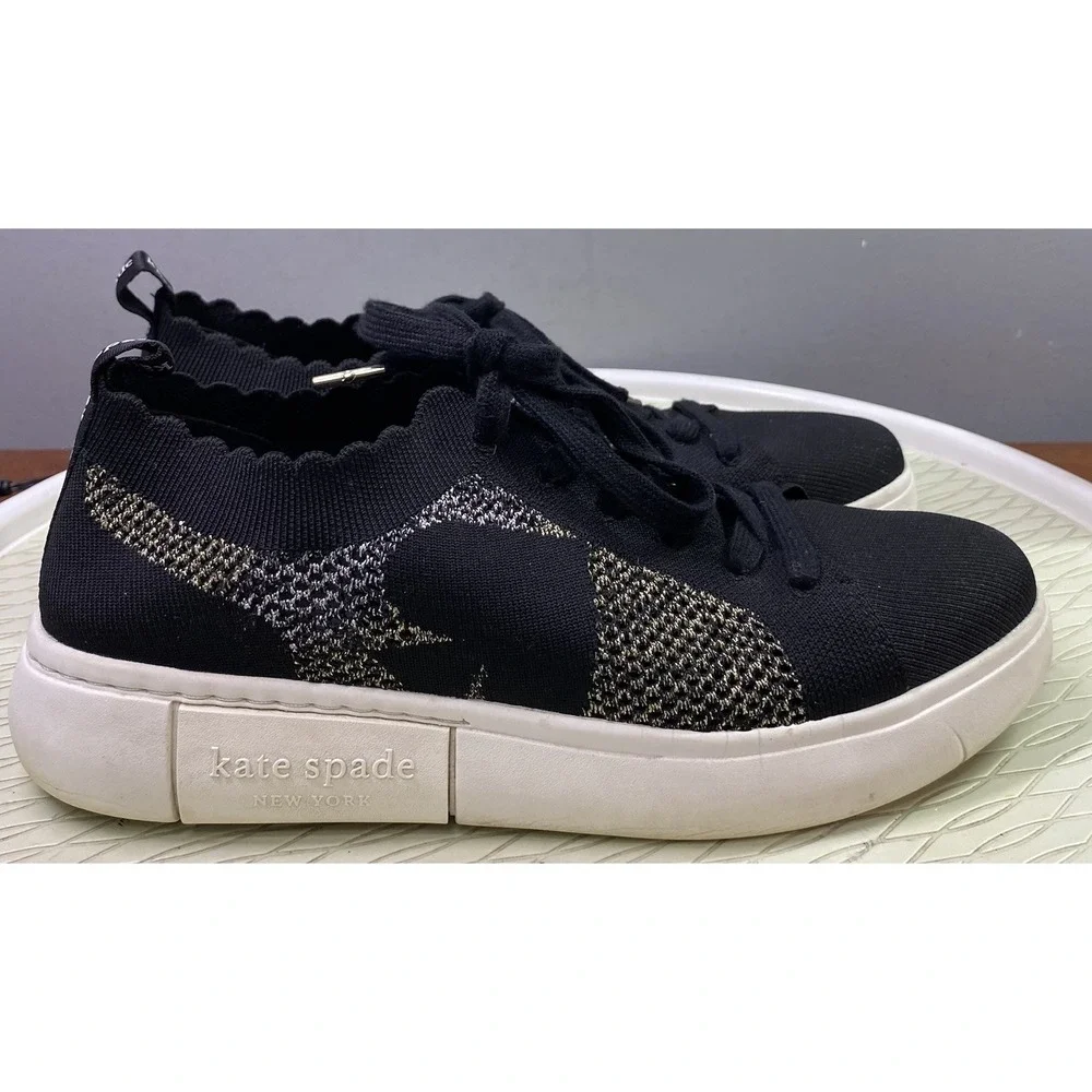Kate Spade New York Womens‎ Black/Gold/Silver Knit Sneakers Sky Tennis Shoes 10B
